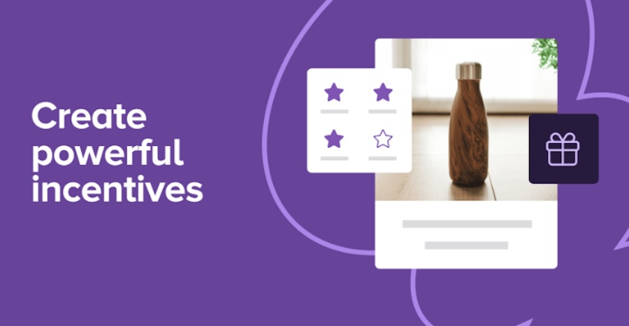 purple background with review stars and the text "create powerful incentives"