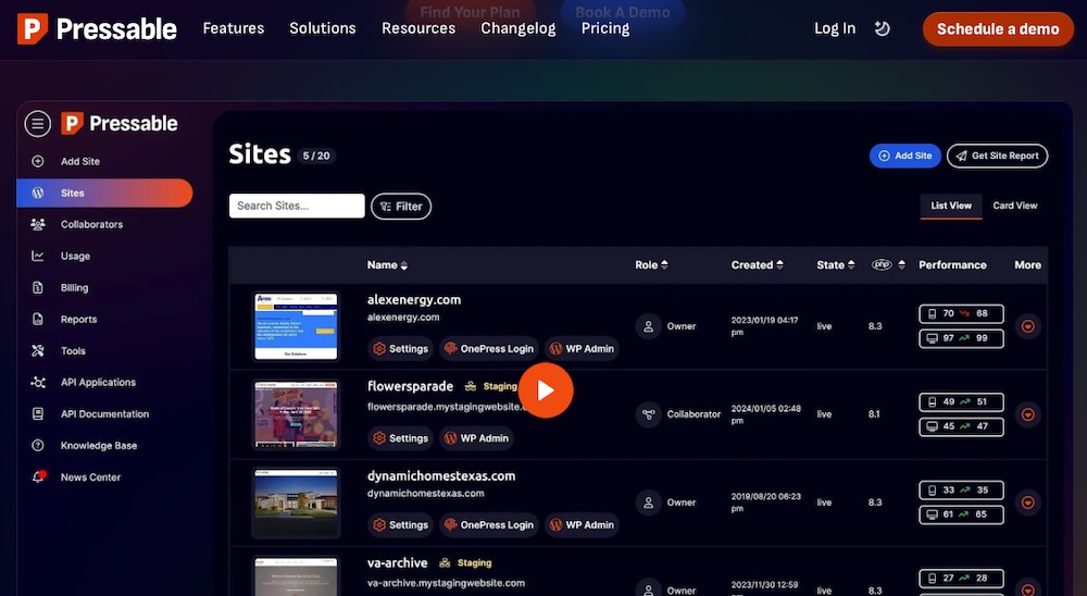 Pressable dashboard with a list of sites you can manage