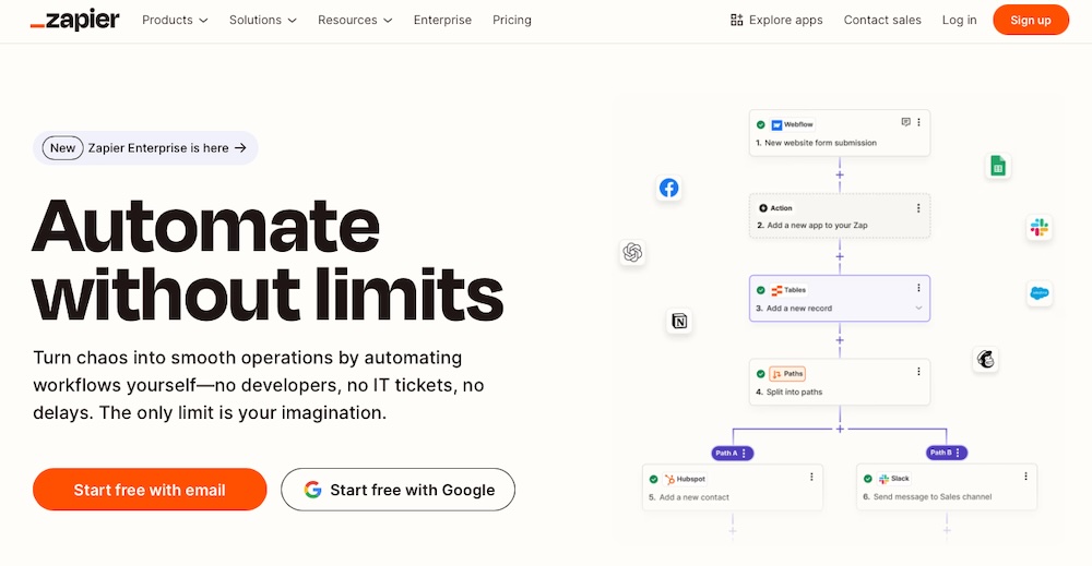 Zapier homepage with the text "automate without limits"