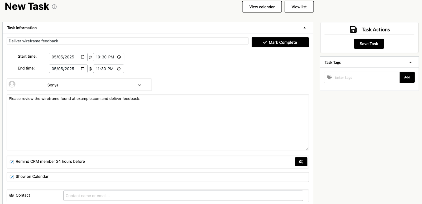 creating a task in Jetpack CRM