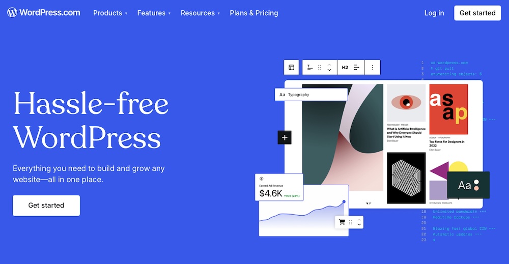 WordPress.com homepage with the text "hassle-free WordPress"