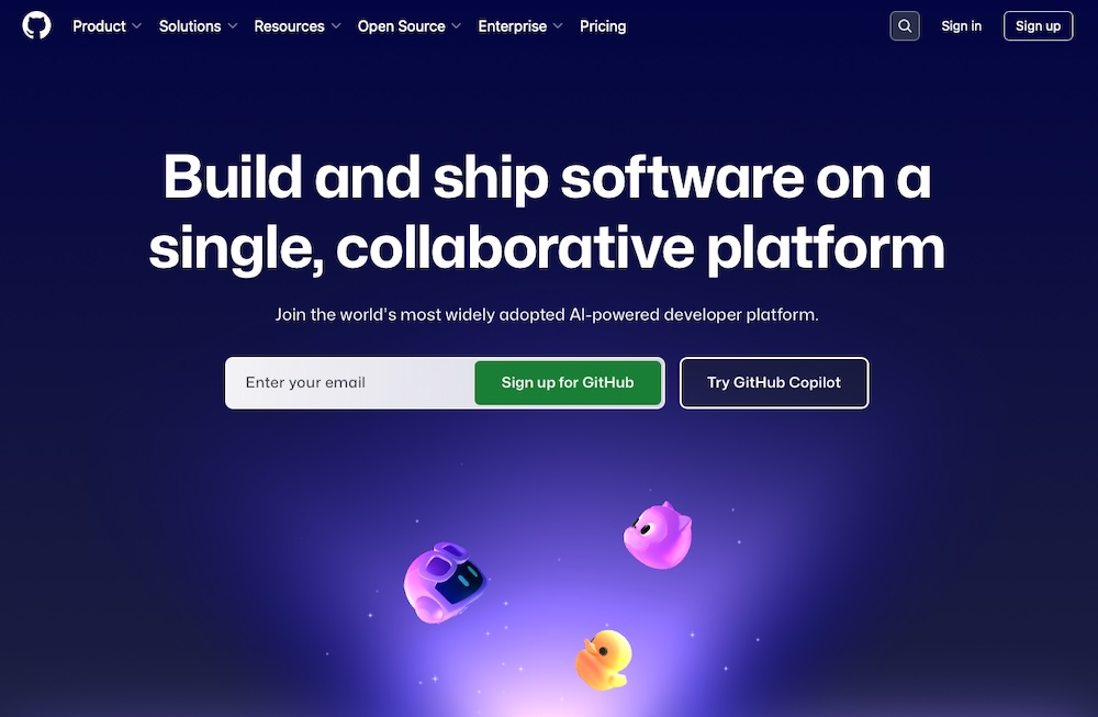 GitHub homepage with the text "build and ship software on a single, collaborative platform"