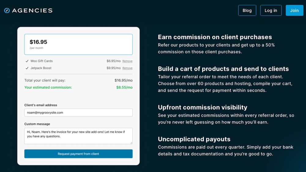 Automattic for Agencies page with a screenshot of the build-a-cart referral tool and a list of features