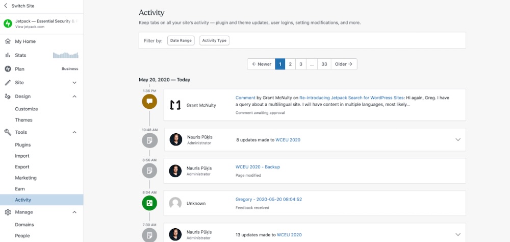 Jetpack activity log showing actions taken on a WordPress site