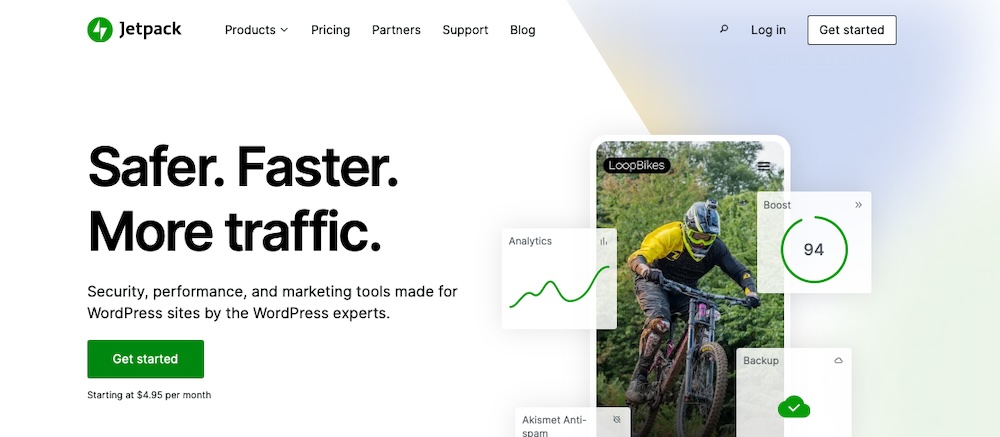 Jetpack page with the text "safer, faster, more traffic"