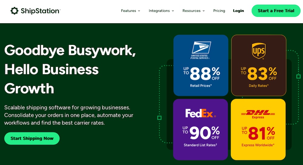 ShipStation homepage with logos of carriers and the text "Goodbye busywork, hello business growth"