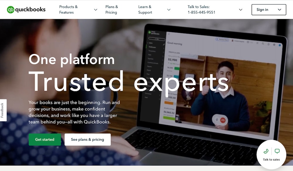 QuickBooks homepage with the text "one platform, trusted experts"