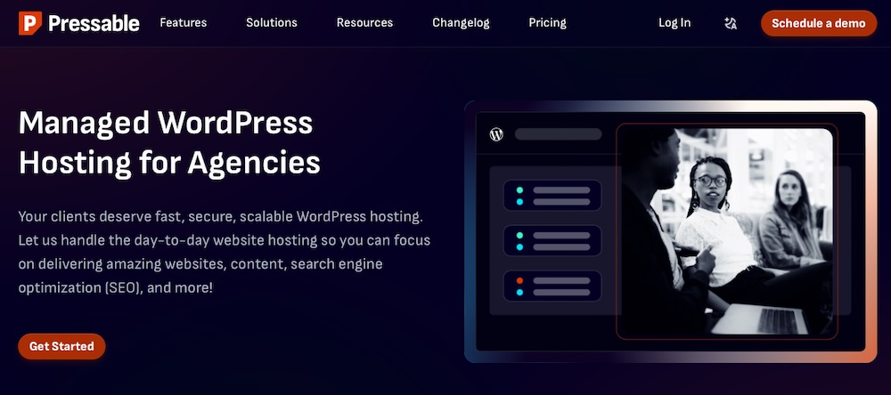 Pressable homepage with the text "managed WordPress hosting for agencies"