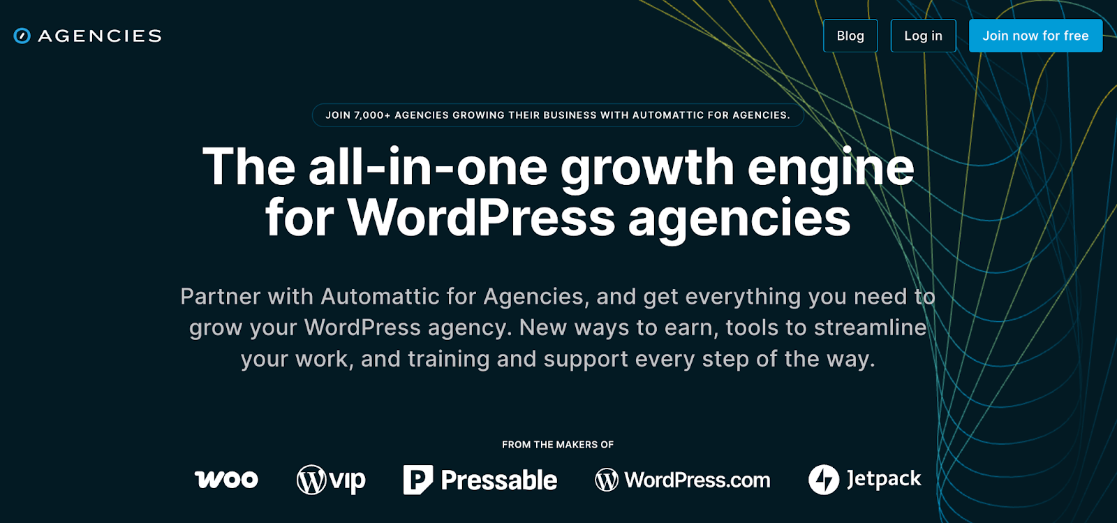 Automattic for Agencies homepage with the text "the all-in-one growth engine for WordPress agencies"