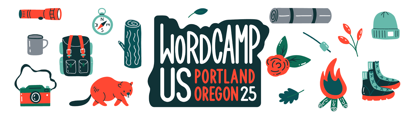 WordCamp US graphic with illustrations of camping graphics