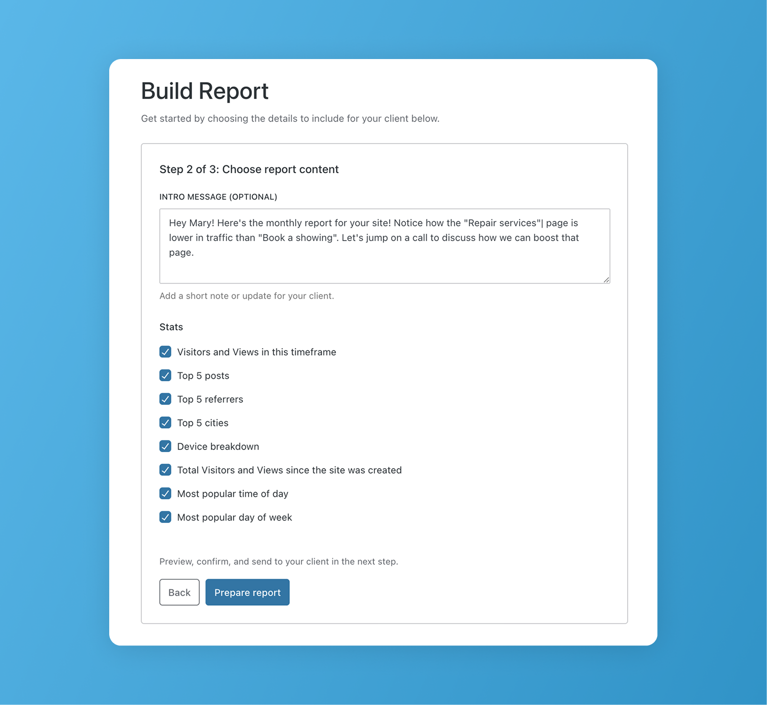 module to build a report, with options for stats and report content