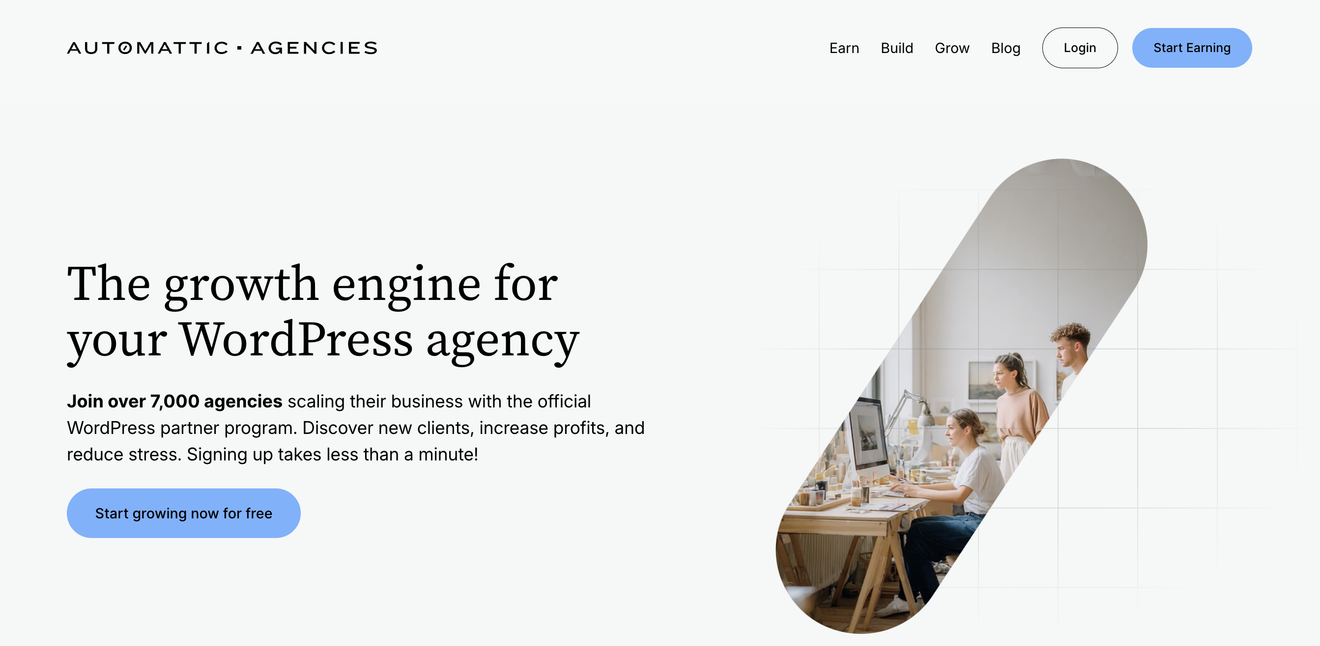 Automattic for Agencies homepage with the text "the growth engine for your WordPress agency"