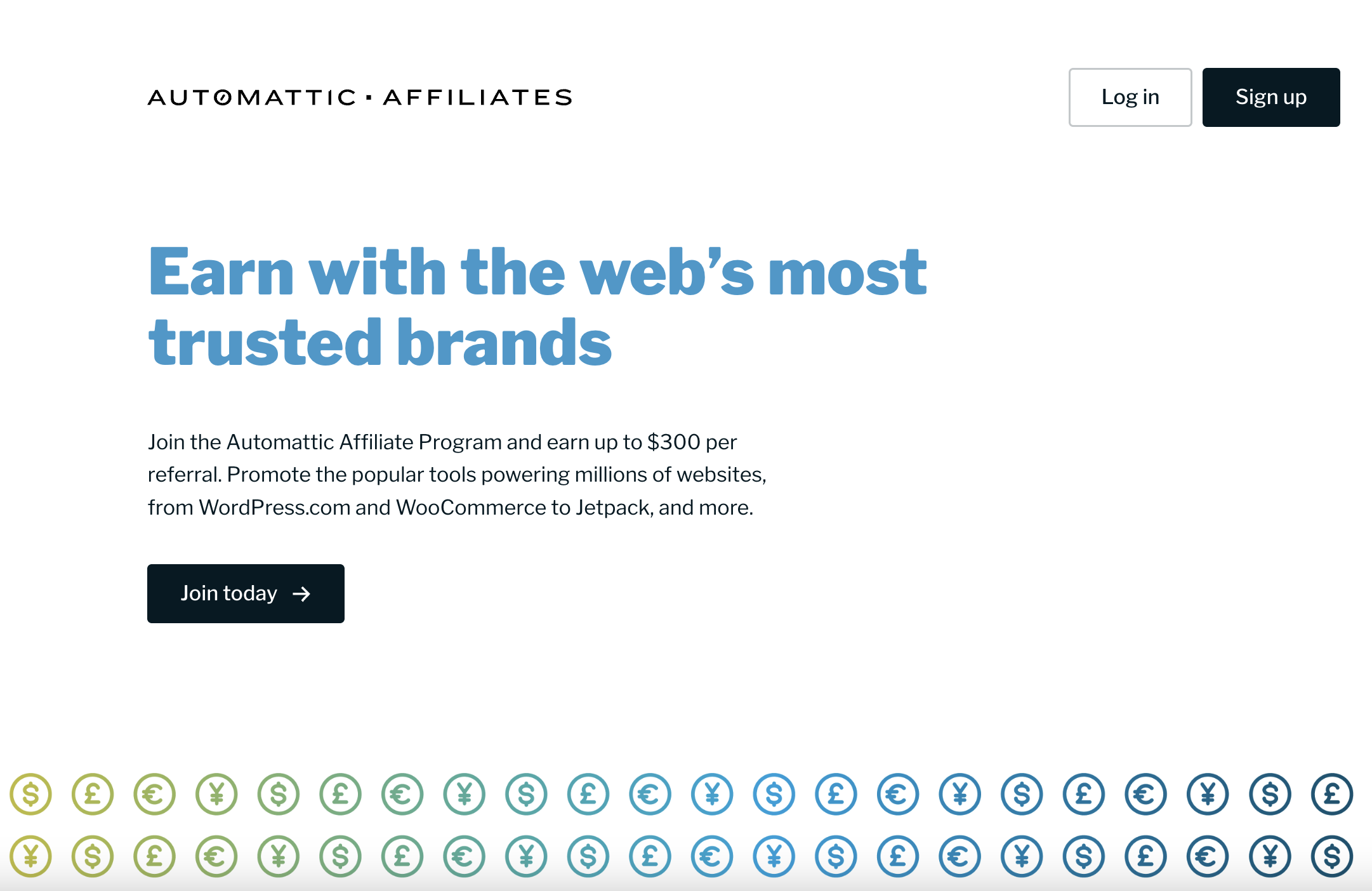 Automattic Affiliates program page with the text "earn more with the web's most trusted brands"