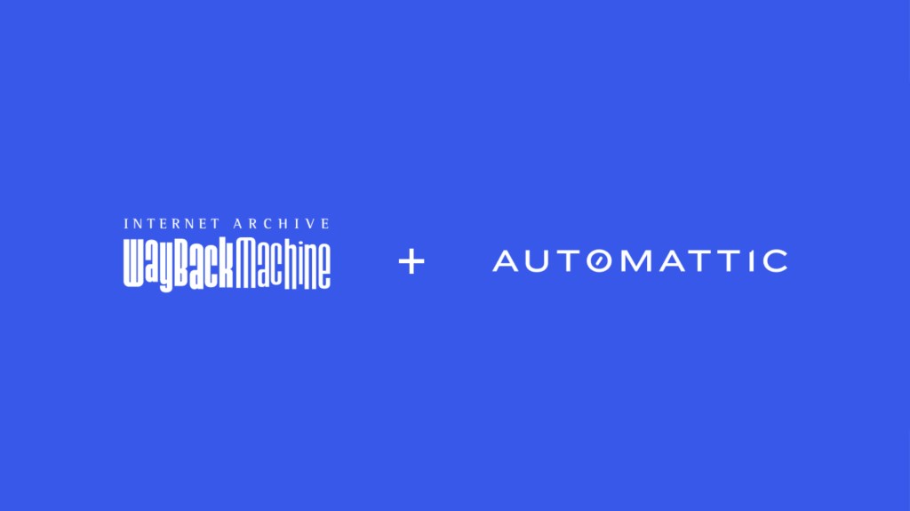 Automattic and Internet Archive Wayback Machine logos in white font over a solid blue background. 