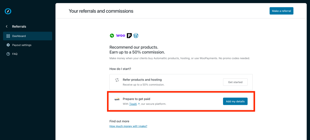 The Prepare to get paid card in the Referrals dashboard