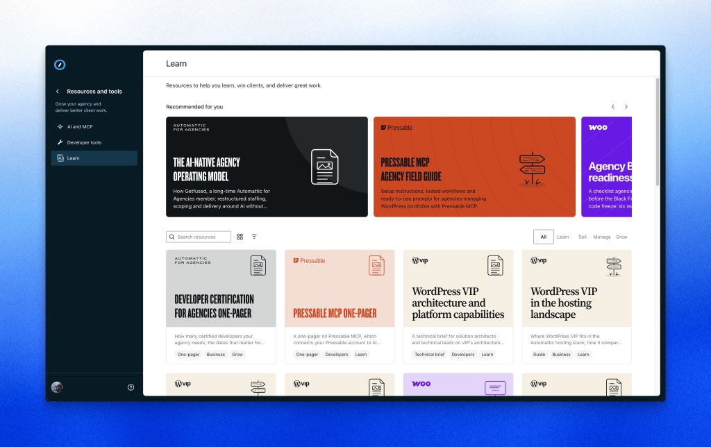 A screenshot of the new Automattic for Agencies Resource Center
