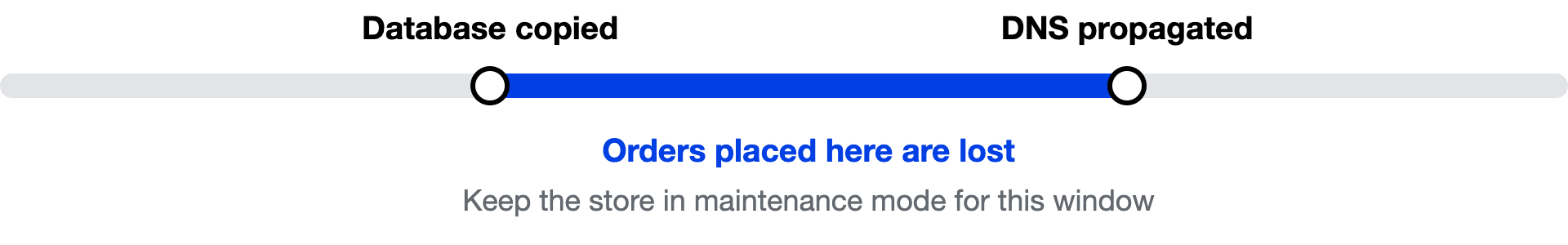 Timeline: after the database is copied, any orders placed on the old host until DNS fully propagates are lost. Keep the store in maintenance mode for this window.